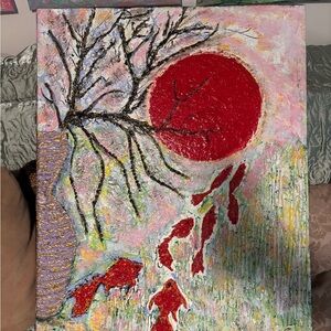 Abstract Red Sun & Koi Mixed-Media Canvas Art - Red